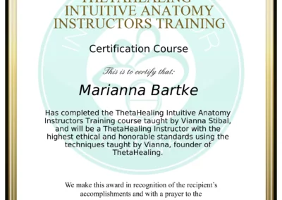 Certyfikat instruktora Theta Healing Anatomia Intuicyjna - Marianna Bartke