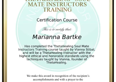 Certyfikat instruktora Theta Healing Bratnie Dusze - Marianna Bartke
