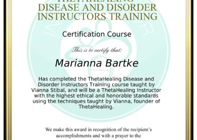 Certyfikat instruktora Theta Healing Choroby i Zaburzenia - Marianna Bartke