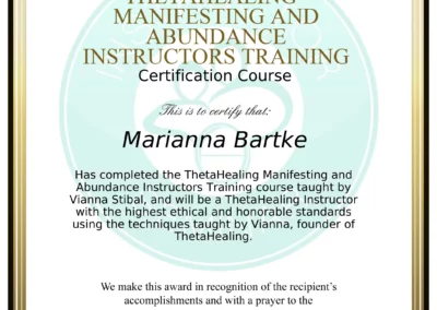 Certyfikat instruktora Theta Healing Manifestacja Obfitości - Marianna Bartke
