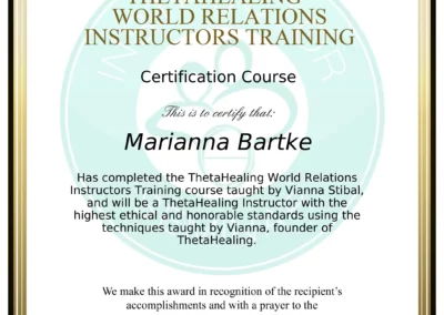 Certyfikat instruktora Theta Healing Relacje ze Światem - Marianna Bartke
