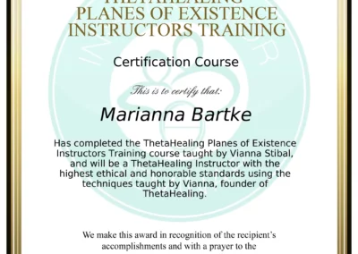 Certyfikat instruktora Theta Healing Siedem Planów Egzystencji - Marianna Bartke