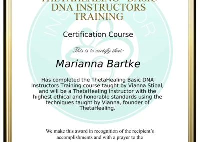 Certyfikat instruktora Theta Healing stopień Podstawowy - Marianna Bartke