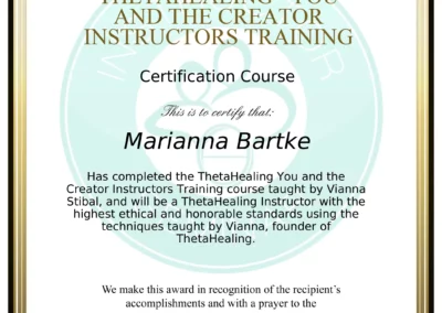 Certyfikat instruktora Theta Healing Ty i Stwórca - Marianna Bartke