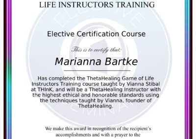 Certyfikat instruktora Theta Healing Życie jest Grą - Marianna Bartke